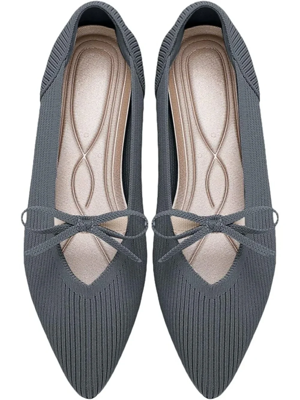 Women's Grey Pointed Toe Knit Ballet Flats Comfortable Pull On Casual Shoes